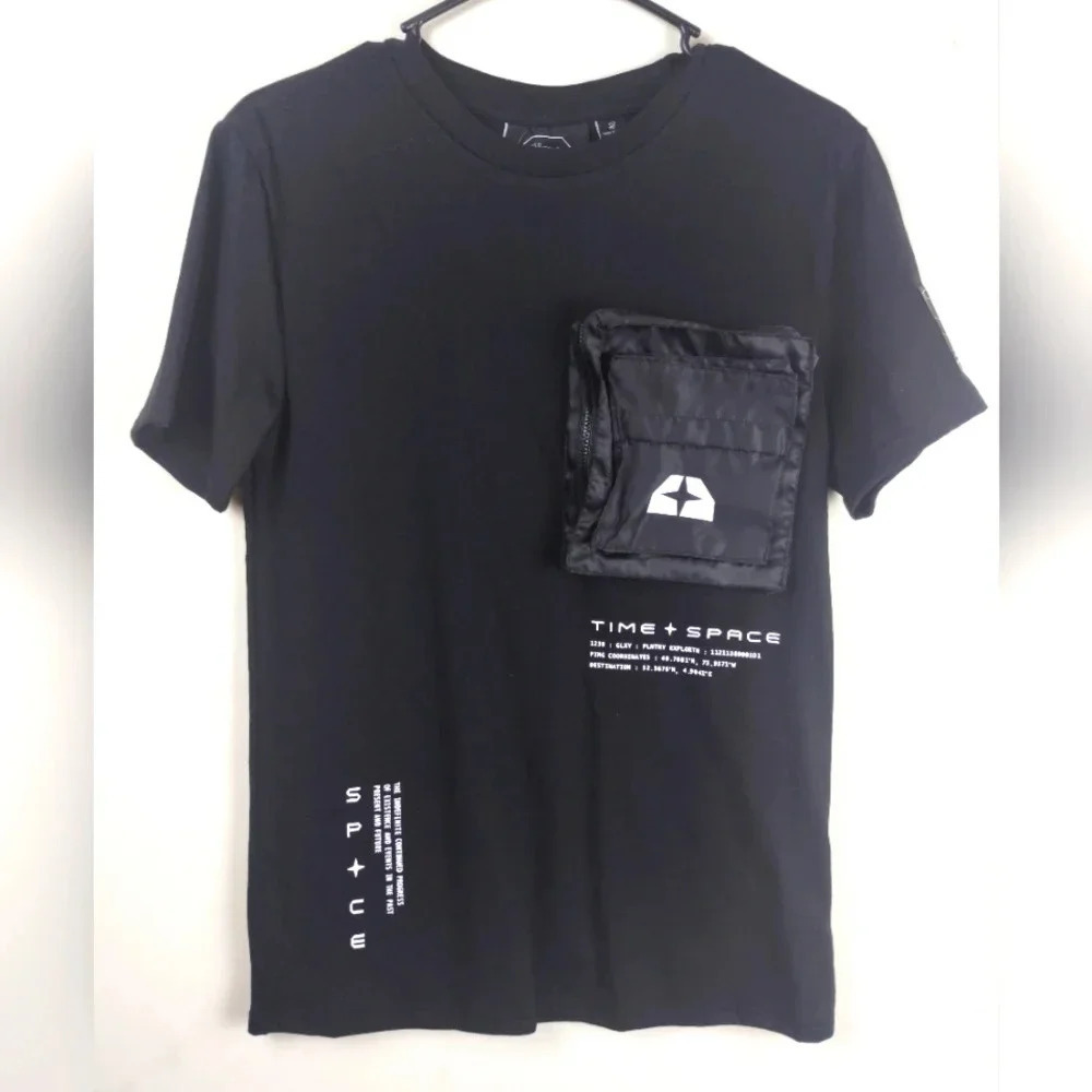 Black Time Space Graphic Tee Mens T-shirt Short Sleeve Small